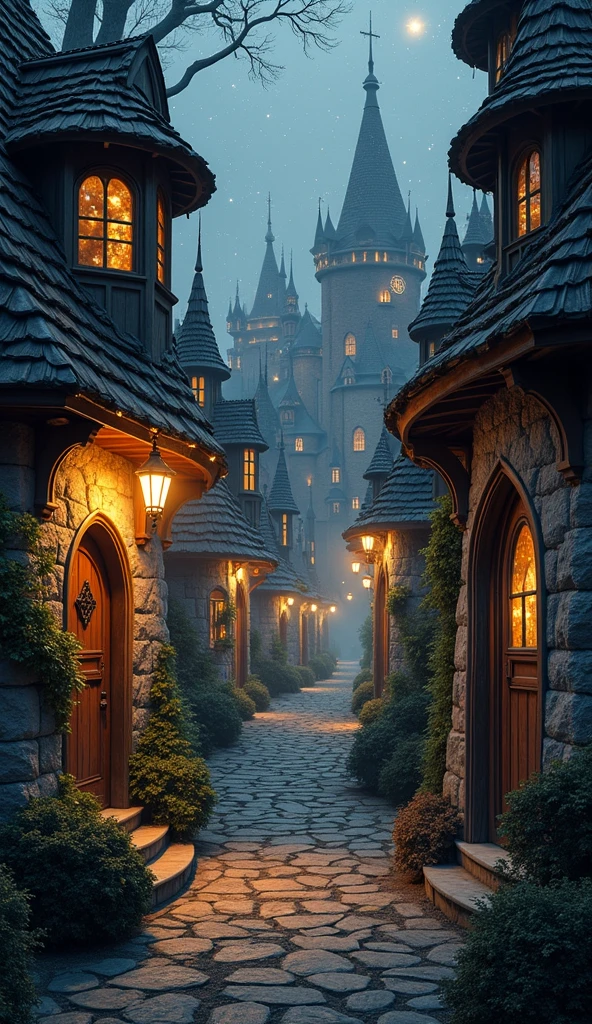 A magical thin alleyway in a fantastical city, starry night, foggy, whimsical architecture, art by Greg Rutkowski and Albert Bierstadt.