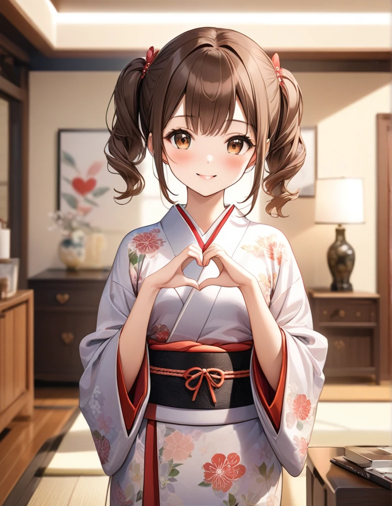 masterpiece, Best Quality,  Beautiful Details,Fine-grained texture, Fine skin,  perfect face,( best shadow ),( Disorganized ),( detailed background),( so beautiful), Brown Hair、 Brown Eyes 、kimono,Long-sleeved kimono、 living room、 background blur, whole body、Real Skin,Small breasts、blush、smile、short twintails,  from the front、 upper body,　heart hands、