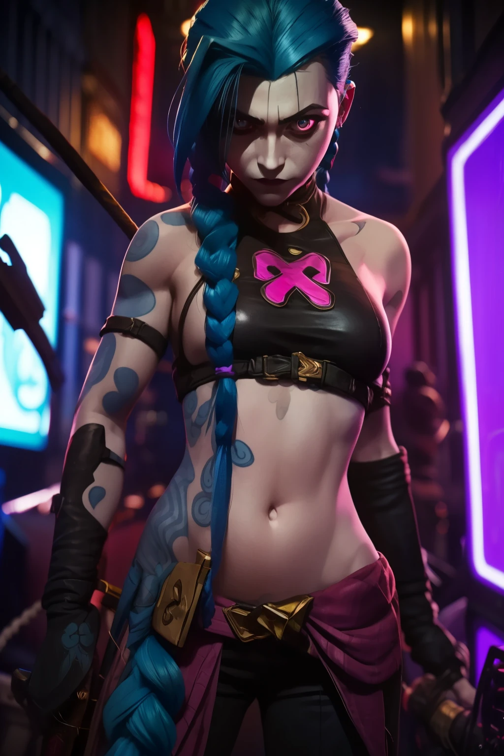 (masterpiece, best quality:1.2), 1girl, solo, Jinx, wearing a Jinx Arcane Costume, tattoo, belly tattoo blue hair with two long twin braids detailed. Neon graffiti Background.