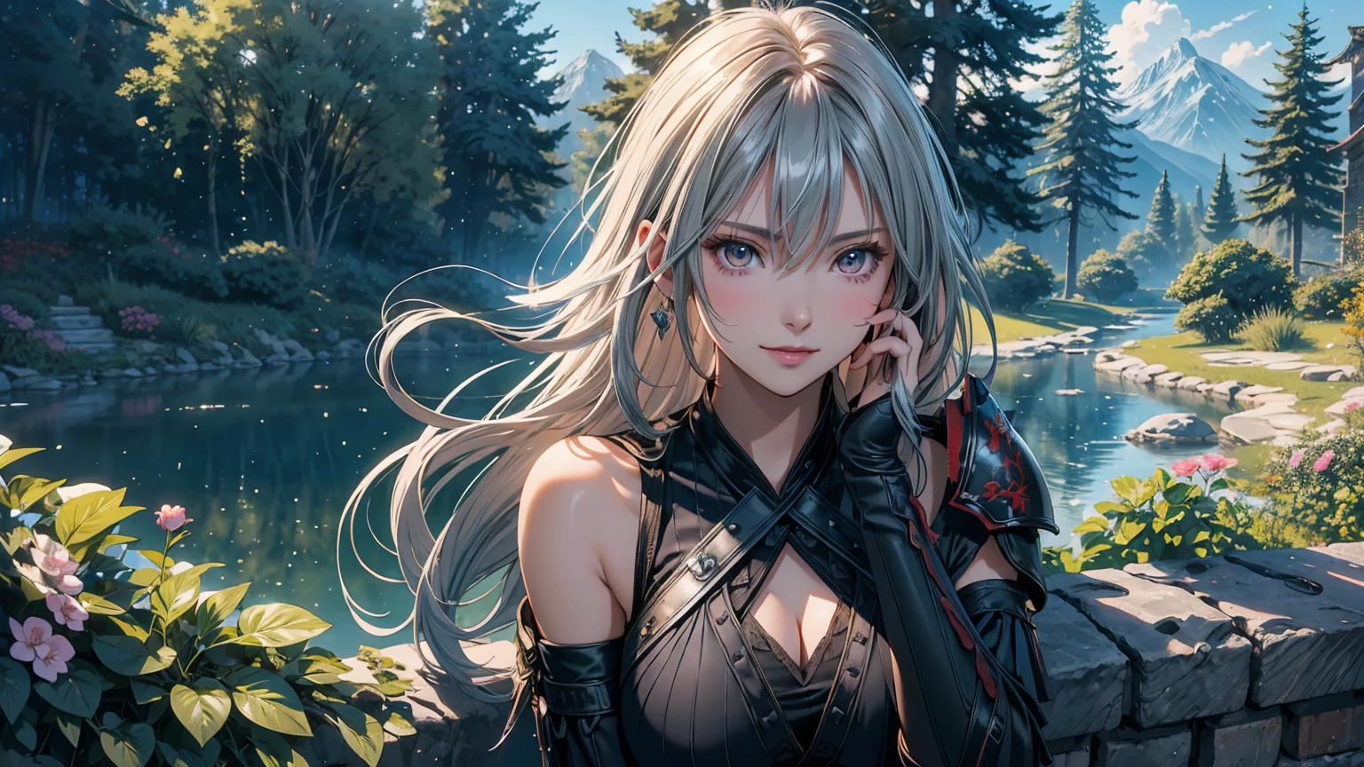 
Fantasy Anime Landscape Portrait: A high-resolution anime-style scene featuring a beautiful 22-year-old female warrior, confident and alone in a lush, open landscape. A striking warrior of goodness, her beauty and charm devoid of any trace of vulgarity. The only character represented in the image, depicted in an upright pose, either from the waist up or in full-body view, facing the viewer with a gentle smile and direct gaze. Long, flowing silver hair framing her face, bright eyes detailed and expressive, exuding strength and charm. Flawless, porcelain-smooth skin complementing delicate facial features, including a refined nose and soft, glossy lips.

An ultra-detailed illustration of a stunning supermodel-quality warrior, reminiscent of the elegance of Milla Jovovich. A captivating Fantasyland background, distant mountains, flowing rivers, and ancient ruins partially hidden by vibrant greenery. A dramatic sky with soft hues, creating vibrant contrast with the lush landscape. Detailed 8K resolution and HDR lighting highlighting her figure against the surroundings, high-contrast shadows adding depth.

Lightweight armor with intricate metal and leather details, showcasing her graceful form. Tattoos of red roses and ancient symbols adorning her arms, reflecting natural beauty and connection to the world around her. The scene capturing the warrior's enchanting appearance and rich details of her environment in an ultra-realistic, Genshin Impact-inspired anime style.

A perfect fantasy anime wallpaper enhanced by a beautiful sunny day in a coniferous forest, an enchanting atmosphere further enriched by soft anime tones and luminism, adding depth to the illustration. A three-dimensional sensation, showcasing the stunning warrior alone in a vast, open world filled with mountains, rivers, and ancient ruins, all captured with extreme detail and vibrant colors.