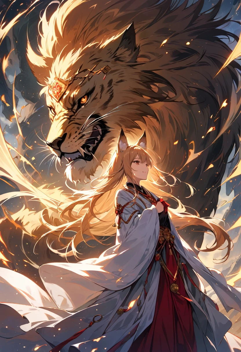 1girl,long flowing hair,fox ear,ceremonial robe,natural body proportion,glove,((floating)),air,(wind:1.3),BREAK,large coiling dragon,fangs,detailed scales,BREAK,((masterpiece,best quality,high quality,high detailed,absurdres,aesthetic,4K UHD,detailed texture)),magical energy,swirling light,lion,sss,dynamic light