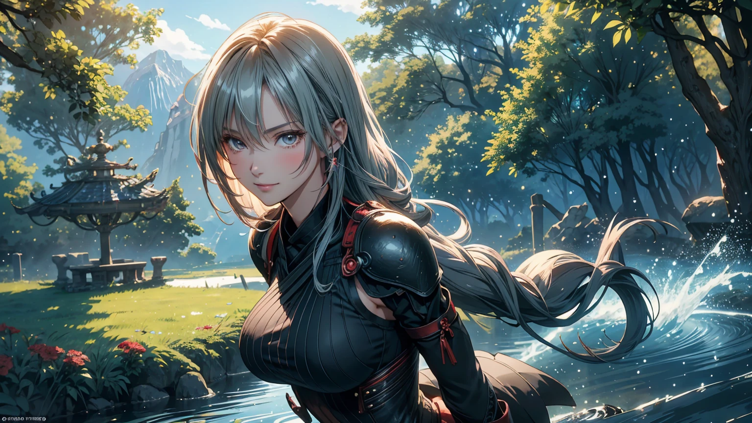 
Fantasy Anime Landscape Portrait: A high-resolution anime-style scene featuring a beautiful 22-year-old female warrior, confident and alone in a lush, open landscape. A striking warrior of goodness, her beauty and charm devoid of any trace of vulgarity. The only character represented in the image, depicted in an upright pose, either from the waist up or in full-body view, facing the viewer with a gentle smile and direct gaze. Long, flowing silver hair framing her face, bright eyes detailed and expressive, exuding strength and charm. Flawless, porcelain-smooth skin complementing delicate facial features, including a refined nose and soft, glossy lips.

An ultra-detailed illustration of a stunning supermodel-quality warrior, reminiscent of the elegance of Milla Jovovich. A captivating Fantasyland background, distant mountains, flowing rivers, and ancient ruins partially hidden by vibrant greenery. A dramatic sky with soft hues, creating vibrant contrast with the lush landscape. Detailed 8K resolution and HDR lighting highlighting her figure against the surroundings, high-contrast shadows adding depth.

Lightweight armor with intricate metal and leather details, showcasing her graceful form. Tattoos of red roses and ancient symbols adorning her arms, reflecting natural beauty and connection to the world around her. The scene capturing the warrior's enchanting appearance and rich details of her environment in an ultra-realistic, Genshin Impact-inspired anime style.

A perfect fantasy anime wallpaper enhanced by a beautiful sunny day in a coniferous forest, an enchanting atmosphere further enriched by soft anime tones and luminism, adding depth to the illustration. A three-dimensional sensation, showcasing the stunning warrior alone in a vast, open world filled with mountains, rivers, and ancient ruins, all captured with extreme detail and vibrant colors.