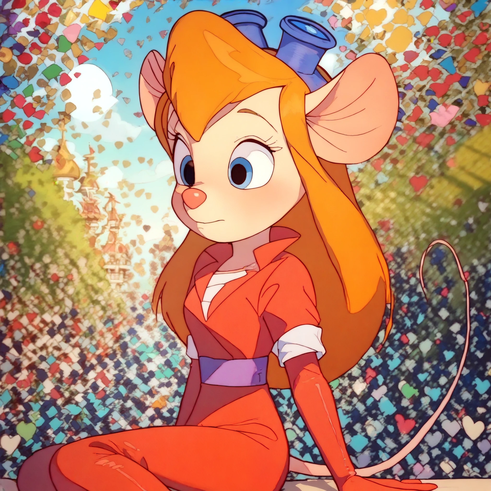 score_9, score_8, score_7, score_6, mouse tail, gadget, cartoon, score_8_up, score_7_up, , masterpiece, best quality, 1 woman, solo, (beautiful girl), long hair, mouse tail, lens blur, Gadget, Cartoon, a girl，：0.8）ultra high resolution, Illustration effect for poster or magazine, pastel colors, red long gloves, red swimsuit, red thigh boots, best quality, cover，happiness, Pixar style(masterpiece: 1.2) (realist: 1.2) (Bokeh) (better quality) (Delicate skin: 1.3) (intricate details) (8K) (Detailed eyes) (sharp focus), (hapiness的). no human ears,