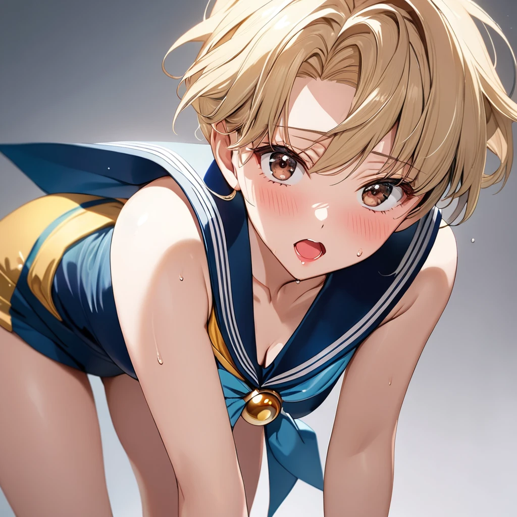 masterpiece, Best Quality, High resolution,16k,official art,super detailed skin,detailed,animated painting,(Haruka Tenoh),(E-cup beautiful breasts)、 (tall:1.2),height: 175cm,Fashion model body type、clevage,Sexy long legs, pale blondy hair,very shortcut hair、boyish,brown eyes, sexyな長い脚, (sailor uranus costume:1.5),Sweating all over the body、Muscular、1girl,solo,shy,blush,(vulgarity:1.2)、(Ahegao:1.3),Anime-style painting style,Close up on upper body,Cinematic lighting,Superfine,Seductively Posing,dynamic angle,extreme closeup shot,simple white background