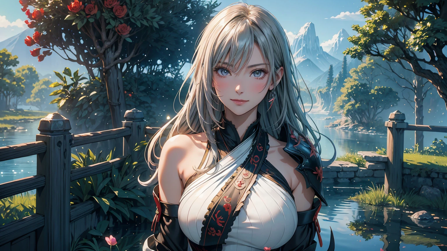 
Fantasy Anime Landscape Portrait: A high-resolution anime-style scene featuring a beautiful 22-year-old female warrior, confident and alone in a lush, open landscape. A striking warrior of goodness, her beauty and charm devoid of any trace of vulgarity. The only character represented in the image, depicted in an upright pose, either from the waist up or in full-body view, facing the viewer with a gentle smile and direct gaze. Long, flowing silver hair framing her face, bright eyes detailed and expressive, exuding strength and charm. Flawless, porcelain-smooth skin complementing delicate facial features, including a refined nose and soft, glossy lips.

An ultra-detailed illustration of a stunning supermodel-quality warrior, reminiscent of the elegance of Milla Jovovich. A captivating Fantasyland background, distant mountains, flowing rivers, and ancient ruins partially hidden by vibrant greenery. A dramatic sky with soft hues, creating vibrant contrast with the lush landscape. Detailed 8K resolution and HDR lighting highlighting her figure against the surroundings, high-contrast shadows adding depth.

Lightweight armor with intricate metal and leather details, showcasing her graceful form. Tattoos of red roses and ancient symbols adorning her arms, reflecting natural beauty and connection to the world around her. The scene capturing the warrior's enchanting appearance and rich details of her environment in an ultra-realistic, Genshin Impact-inspired anime style.

A perfect fantasy anime wallpaper enhanced by a beautiful sunny day in a coniferous forest, an enchanting atmosphere further enriched by soft anime tones and luminism, adding depth to the illustration. A three-dimensional sensation, showcasing the stunning warrior alone in a vast, open world filled with mountains, rivers, and ancient ruins, all captured with extreme detail and vibrant colors.