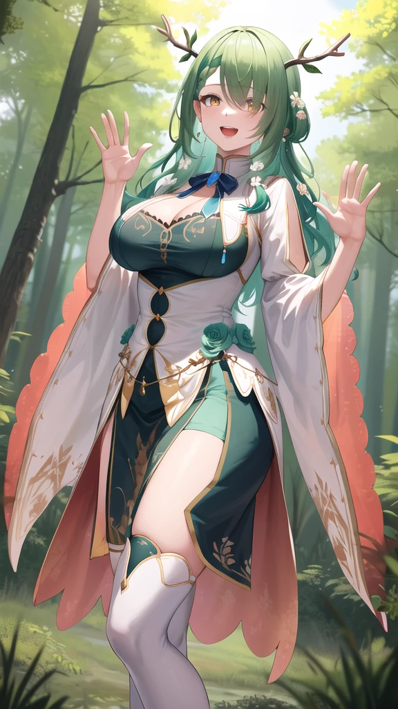 masterpiece, best quality, highres, hmcf, long hair, antlers, branch, braided bangs, hair flower, yellow eyes, large breasts, jewelry, dress, cleavage, wide sleeves, green flower, single thighhigh, white thighhighs, cowboy shot, standing, forest, smile, open mouth, waving