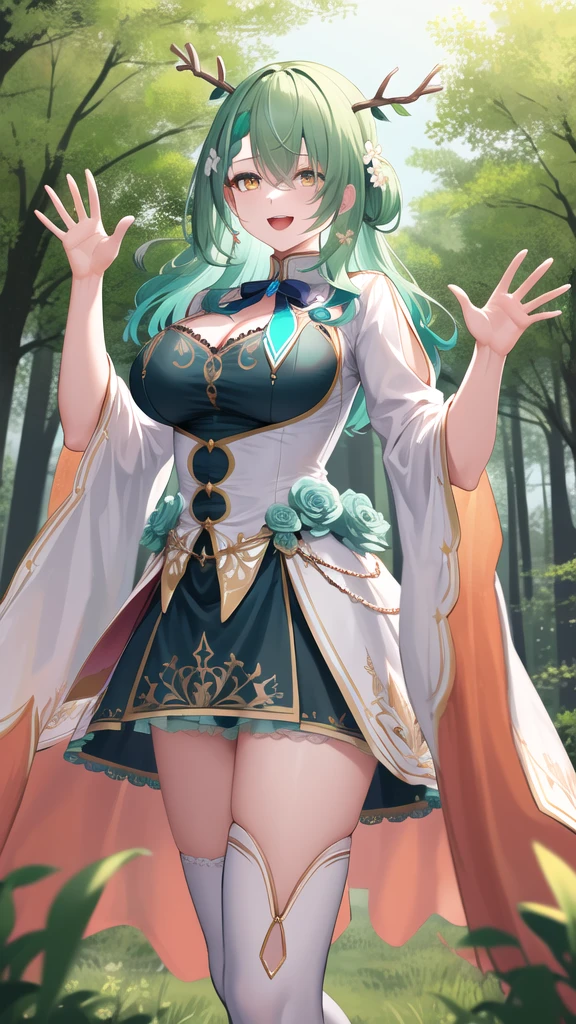 masterpiece, best quality, highres, hmcf, long hair, antlers, branch, braided bangs, hair flower, yellow eyes, large breasts, jewelry, dress, cleavage, wide sleeves, green flower, single thighhigh, white thighhighs, cowboy shot, standing, forest, smile, open mouth, waving