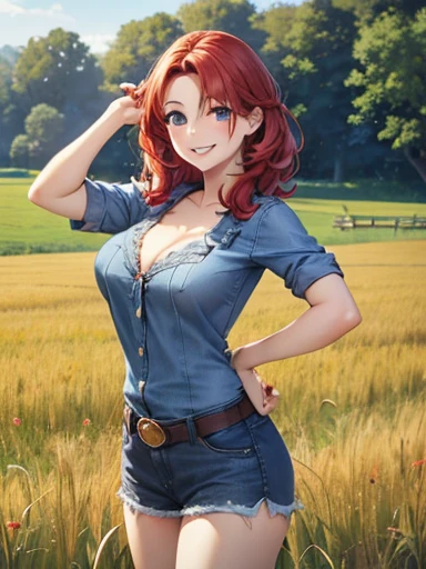 pretty woman, Redhead,  busty and sexy in denim overhall, sin camisa, Smile cheerful  , granary ,  , field, green landscape , 