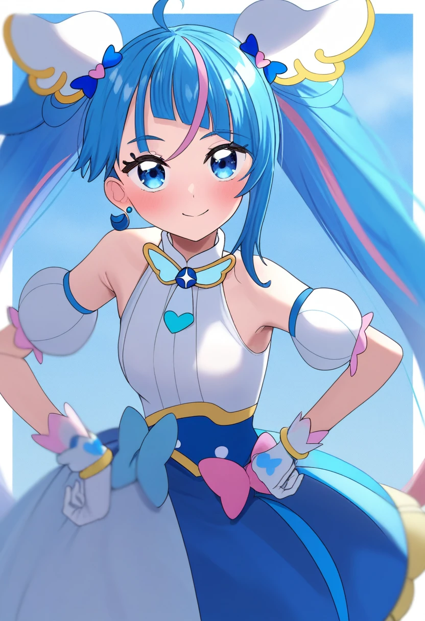  (, masterpiece, very aesthetic, absurdres, best quality:1.1) ), 1girl, solo, (((((    hirogaru sky! precure!   , sora_harewataru  ,  cure_sky )) ))) , 1girl ahoge blue_bow blue_eyes blue_hair blue_skirt blush bow closed_mouth detached_sleeves earrings gloves hands_on_own_hips heart jewelry long_hair looking_at_viewer multicolored_hair pink_hair puffy_short_sleeves puffy_sleeves shirt short_sleeves simple_background skirt sleeveless sleeveless_shirt smile solo streaked_hair twintails very_long_hair white_background white_gloves white_shirt