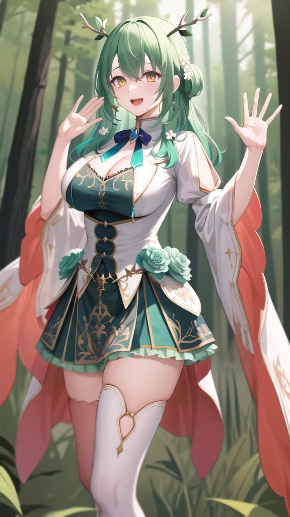 masterpiece, best quality, highres, hmcf, long hair, antlers, branch, braided bangs, hair flower, yellow eyes, large breasts, jewelry, dress, cleavage, wide sleeves, green flower, single thighhigh, white thighhighs, cowboy shot, standing, forest, smile, open mouth, waving