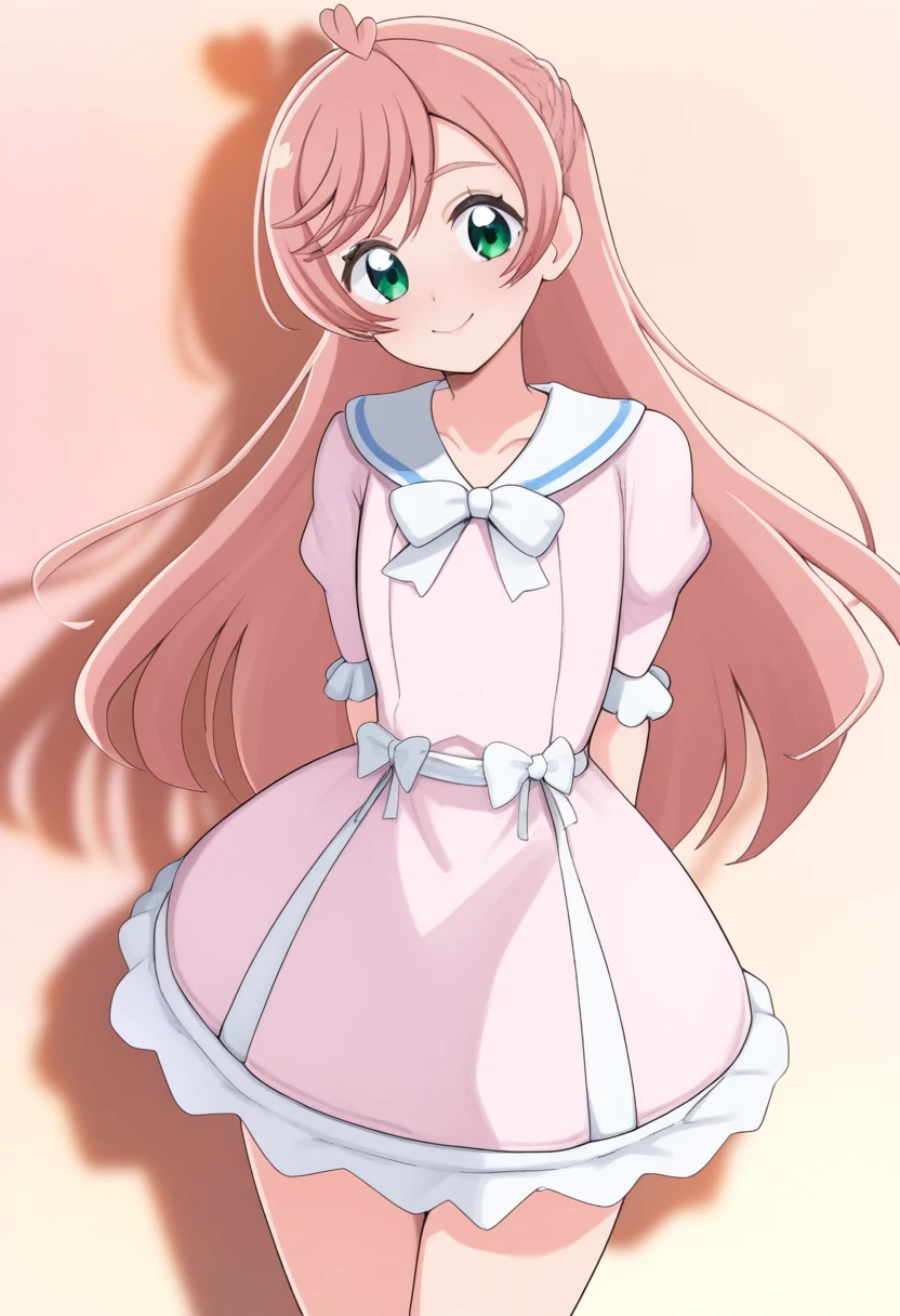  (, masterpiece, very aesthetic, absurdres, best quality:1.1) ), 1girl, solo, (((((    hirogaru sky! precure!   , Nijigaoka Mashiro )) ))) , pink hair, half updo, long hair, green eyes, smile, looking at viewer, cute, standing, arms behind back, pink dress, white dress, white sailor collar, white bow, short puffy sleeves, short dress, 