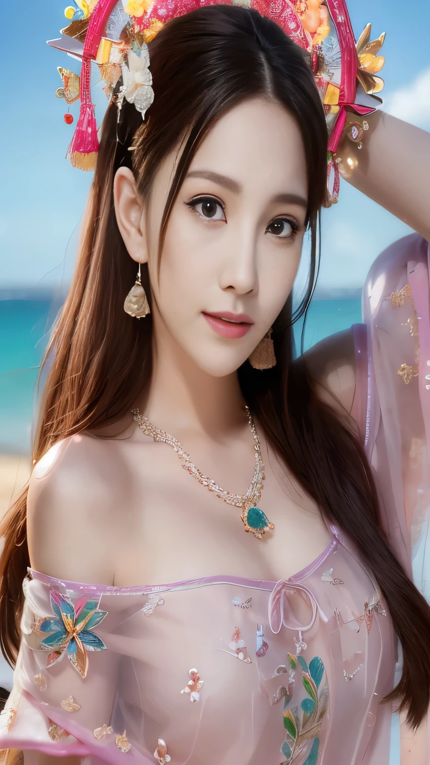 (Best Quality:1.1) ,( Photorealistic:1.1), (photo shoot:1.1), ( high definition:1.1),  ,armlet,  jade bracelet , eyelash,  happy ,  medium chest , beautiful meticulous girl on an airplane, ( extremely elaborate eyes and face ), (Lighting on face), necklace , Colorful clothes , [Chinese clothing],[ off shoulder], (Alone:1.2), sandbeach,sand,Standing on the beach, summer, ( beautiful detailed sky), see-through ,