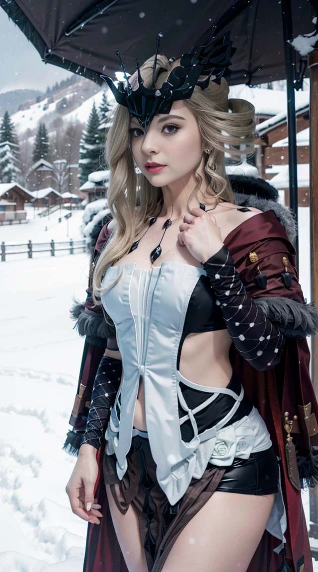 (8K)，photorealistic,  high resolution , 1 female, solo, ( ****ta Outfits )，  beautiful eyes,  White hair ,  dark circles in the eyes , (Saturday，cloak，Covered with snow)，Ski Resort，