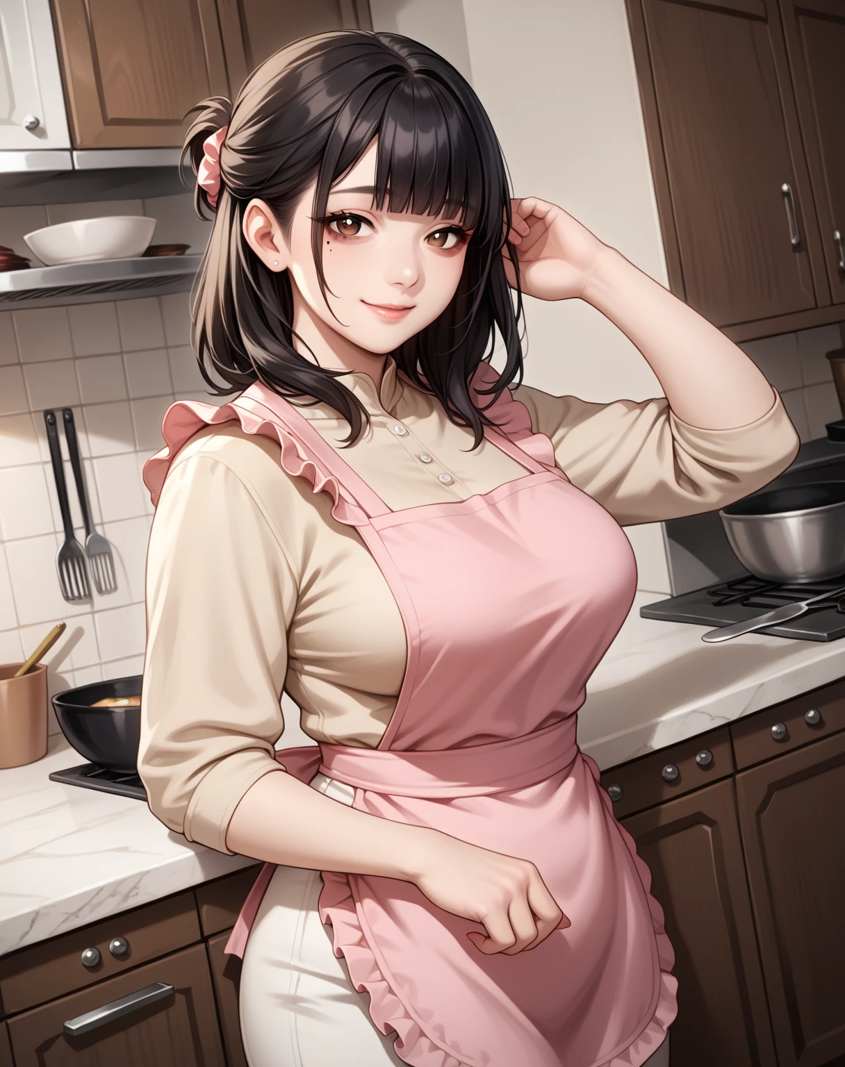 core_9,score_8_up,score_7_up,),score_9,score_8_up,score_7_up, {{artist: floox}} {{flat coloring, upper body, dutch angle, source_anime, indoors, kitchen, counter, leaning against counter, colorful, vibrant, looking at viewer, solo}} mature female, asian, Japanese, fair skin, plump, large breasts, mole under right eye, mature eyes, housewife, bags under eyes, black hair, brown eyes, medium hair, blunt bangs, half updo, beige shirt, pencil skirt, pink apron, frilly apron, gentle smile.
