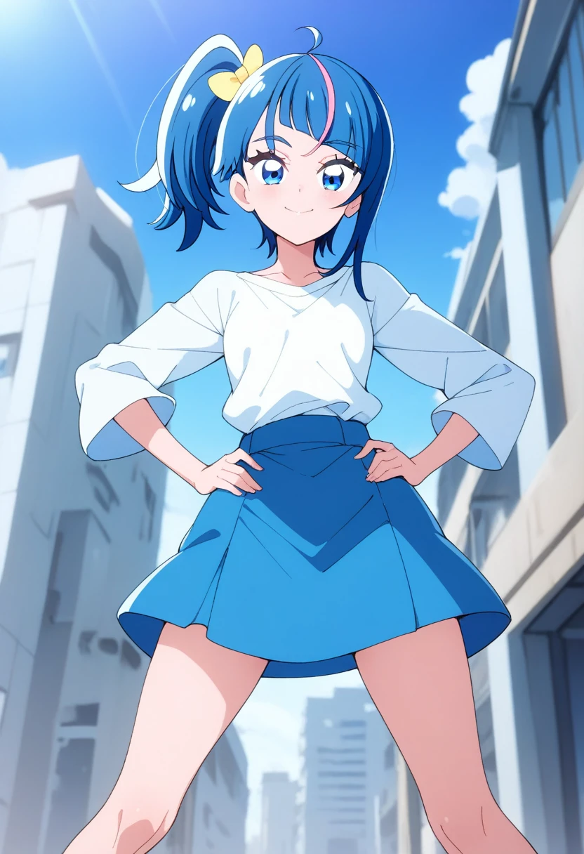  (, masterpiece, very aesthetic, absurdres, best quality:1.1) ), 1girl, solo, (((((    hirogaru sky! precure!   , sora harewataru )) ))) , blue hair, side ponytail, yellow bow, blue eyes, smile, looking at viewer, white t-shirt, long sleeves, blue skirt, standing, outdoors, city, building, legs apart, hands on hips, closed mouth