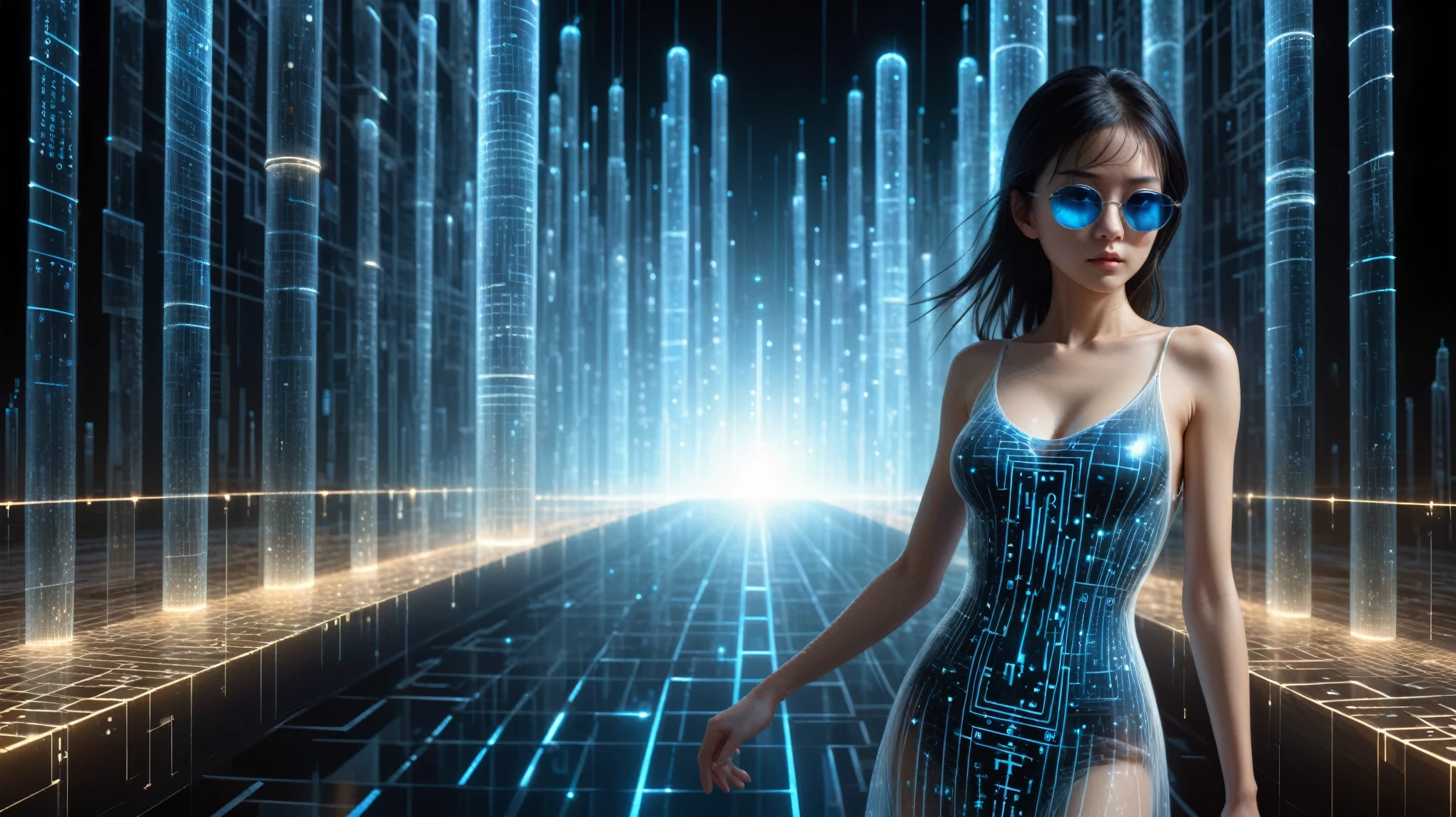 (Wide and aerial view). Ryoji Ikeda Style, High quality 3d background in matrix style, a simple outlined transparent maze mysterious city with a giant clock-like sci-fi glowing time travelling machine, all-glass galaxy-print cylinder pillars. Everything is entirely made out of streams of matrix code, miniscule luminating bright blue Japanese katakana symbols, single digit numbers and special characters like colons and dashes, epic royal background, symmetrical, Greg Rutkowski, Charlie Bowater, Beeple, Unreal 5, hyper realistic, dynamic lighting, fantasy art. A woman, (wearing a transparent:0.8 ivory flowing stunning sleeveless sling backless deep-v one-piece short:0.1 loose princess dress), in dark background. (1girl, solo, alone), photorealistic, large-breast:1.4 slim:0.5 body, (detailed oval:0.4 face, strong light on face), side boob, cleavage:1.1, white laced G-string micro panty, (black micro sunglasses), (((aiming the viewer with a short:0.5 gun))), (looking at camera), dynamic hip-up running pose, ((half-body thigh level close-up:1.9 shot)) in the foreground, cinematic lighting, ray tracing, dark background.