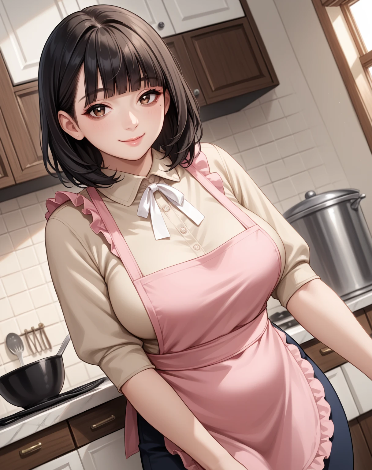 core_9,score_8_up,score_7_up,),score_9,score_8_up,score_7_up, {{artist: floox}} {{flat coloring, upper body, dutch angle, source_anime, indoors, kitchen, counter, leaning against counter, colorful, vibrant, looking at viewer, solo}} mature female, asian, Japanese, fair skin, plump, large breasts, mole under right eye, mature eyes, housewife, bags under eyes, black hair, brown eyes, medium hair, blunt bangs, sidelocks, beige shirt, pencil skirt, pink apron, frilly apron, gentle smile.
