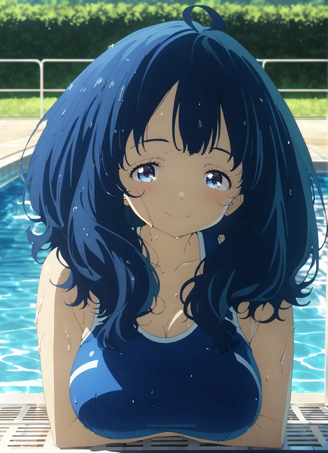 yanamianna, medium hair, ahoge, large breasts,blue hair,blue eyes, smile, hands behind head, under arms, school swimsuit, blue swimsuit, shiny skin, gleaming skin, wet, pool, poolside, lie on poolside, face down, best quality, high quality, ultra-detailed, high resolution, detailed backgroud, solo, alone,