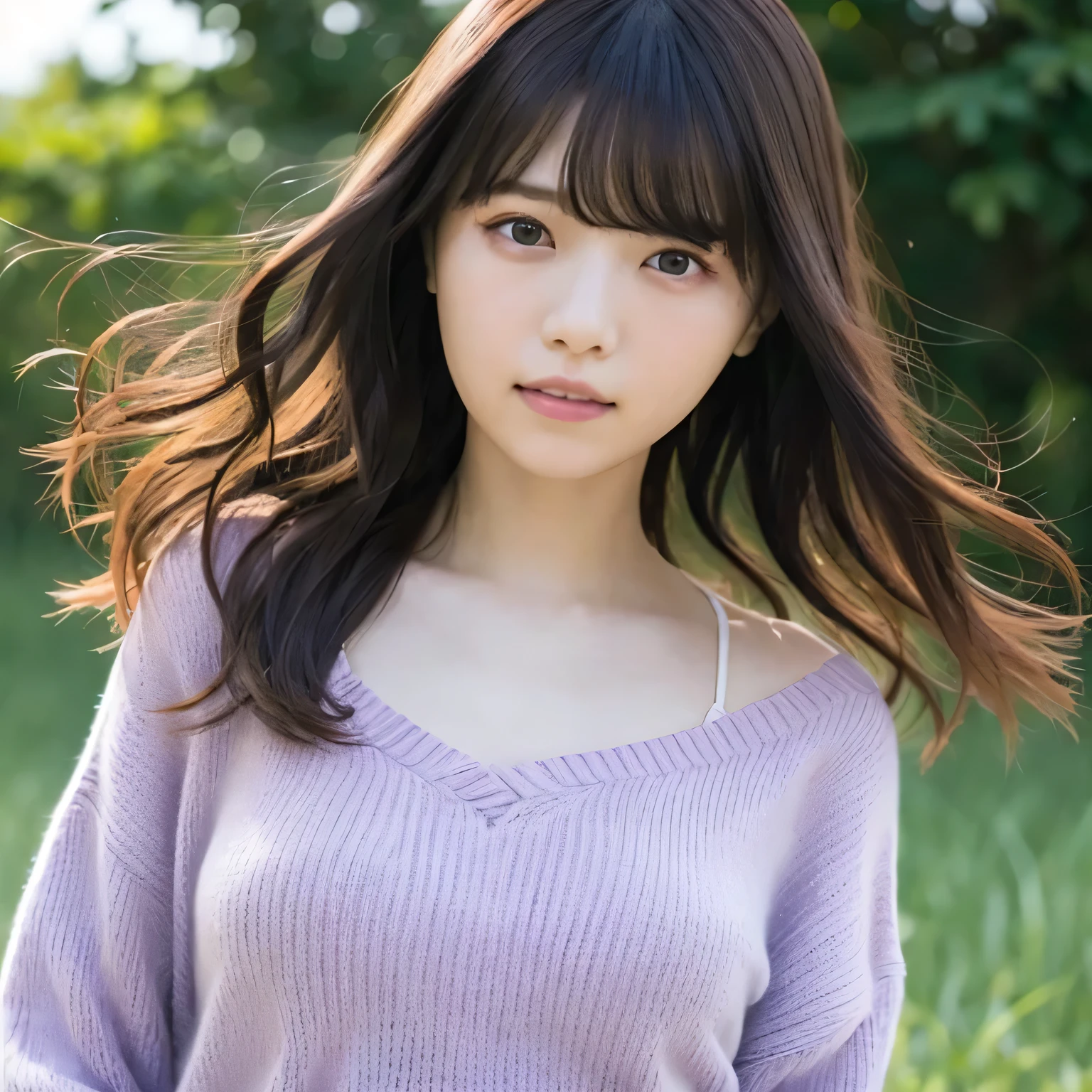 masterpiece、Best Quality,  ultra high resolution、8k，  photos of cute blouses、 1 girl, (Skin dents), {{ big breasts at the temple}}, bright, Blurred Background, (  asymmetrical bangs ,  comb her hair 、 Very Long Wavy Hair :1.5),   (Floating Hair:1.0)、（Summer knitwear that fits snugly around the chest）、（Vivid pastel light purple summer knit）、 saggy breasts during pregnancy、 Heterochromia iridis 、 sad、grassland、Spring Sky、Gentle sunlight
