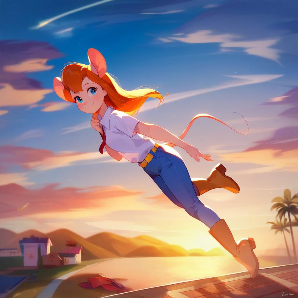 score_9, score_8, score_7, score_6, mouse tail, gadget, cartoon, score_8_up, score_7_up, , masterpiece, best quality, 1 woman, solo, (beautiful girl), long hair, mouse tail, lens blur, Gadget, Cartoon, a girl，：0.8）ultra high resolution, Illustration effect for poster or magazine, pastel colors, black t-shirt, white vest, blue jeans, black high boots, yellow belt, best quality, cover，happiness, Pixar style(masterpiece: 1.2) (realist: 1.2) (Bokeh) (better quality) (Delicate skin: 1.3) (intricate details) (8K) (Detailed eyes) (sharp focus), (hapiness的). no human ears,