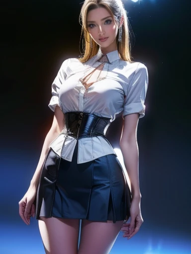    full body shot  、8k, masterpiece,  RAW Photos,   Best Quality, Realistic,   Elegant Suited Wear Hi-Res CG Unity 8K Wallpaper ,    depth of field  , Cinematic Light,    lens flare  ,    ray tracing  , (    very pretty face    , Beautiful Lips,    beautiful eyes),    detail face   , ((Ultra-detailed skin))    one girl doing a prank ,   in the dark  , deepshadow, Cute Korean Girl,  K-POPアイドル ,    1 girl, (Very slim and slendet muscular body:1.3), (( Viewers)),(Big smile:1.3), ( Blurred Background),( There's no one behind  :1.3),    beautiful earrings   ,   bracelet,  Clear Eyes , walk, (Pale skin), (Big Eyes),  looking forward to , (Golden bristles), (   full body shot  ), , ((Blue high waist skirt)), , ( Viewers:1.3) Open chest, Very slim,  medium chest ,   Focusing on Buttocks  , In front of eyebrows, Thick thighs((  white shirt :1.3)), (  double breasted,   under bust:1.2), Short sleeve,   Button Gap  ,  Frameless Glasses  ,   CORSET BELTS   ,Beautiful shortcuts,blonde,
