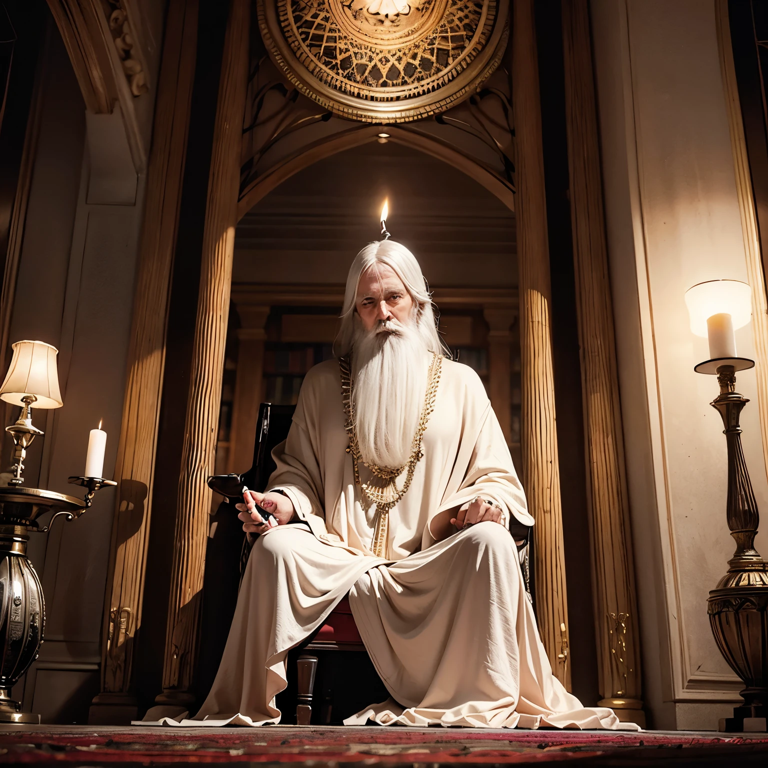  senior man sitting in an old chair in the library, Rolled up in a sheet, hermit, Marble statue, Dark Octane Render , Candle lamp lighting, Baroque, Europe, Mandala, Side view from below,  anatomically accurate , Super detailed