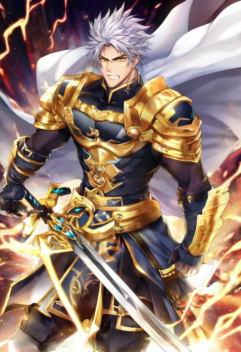 The fictional god of the pantheon is called Gaihza, the Hero of the Z Sword. He is a powerful warrior god with an imposing and intimidating appearance. He has golden eyes that shine brightly and silver hair that reaches down to his waist. His armor is a mix of gold and silver, with a white cape on his back. He carries the legendary Z Sword, an ancient and powerful weapon that has the power to destroy anything with the letter Z in its name 8k high definition