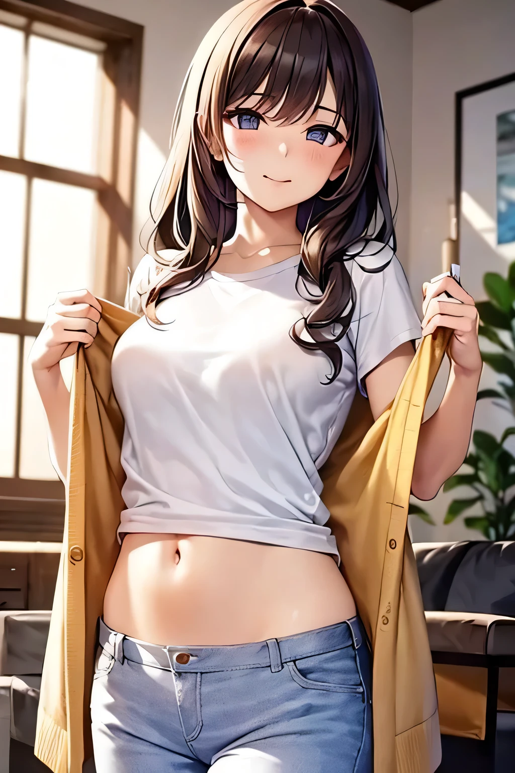 super fine illustration, vibrant colors, masterpiece, sharp focus, best quality, depth of field, ultra detailed, white t shirt, long cardigan jacket, 1 woman, solo, navel, living room, looking down, medium breasts, long curly hair, brown hair, tall, mature face, blush, white long pants, lipstick, makeup, mature face, giggling, closed mouth,
