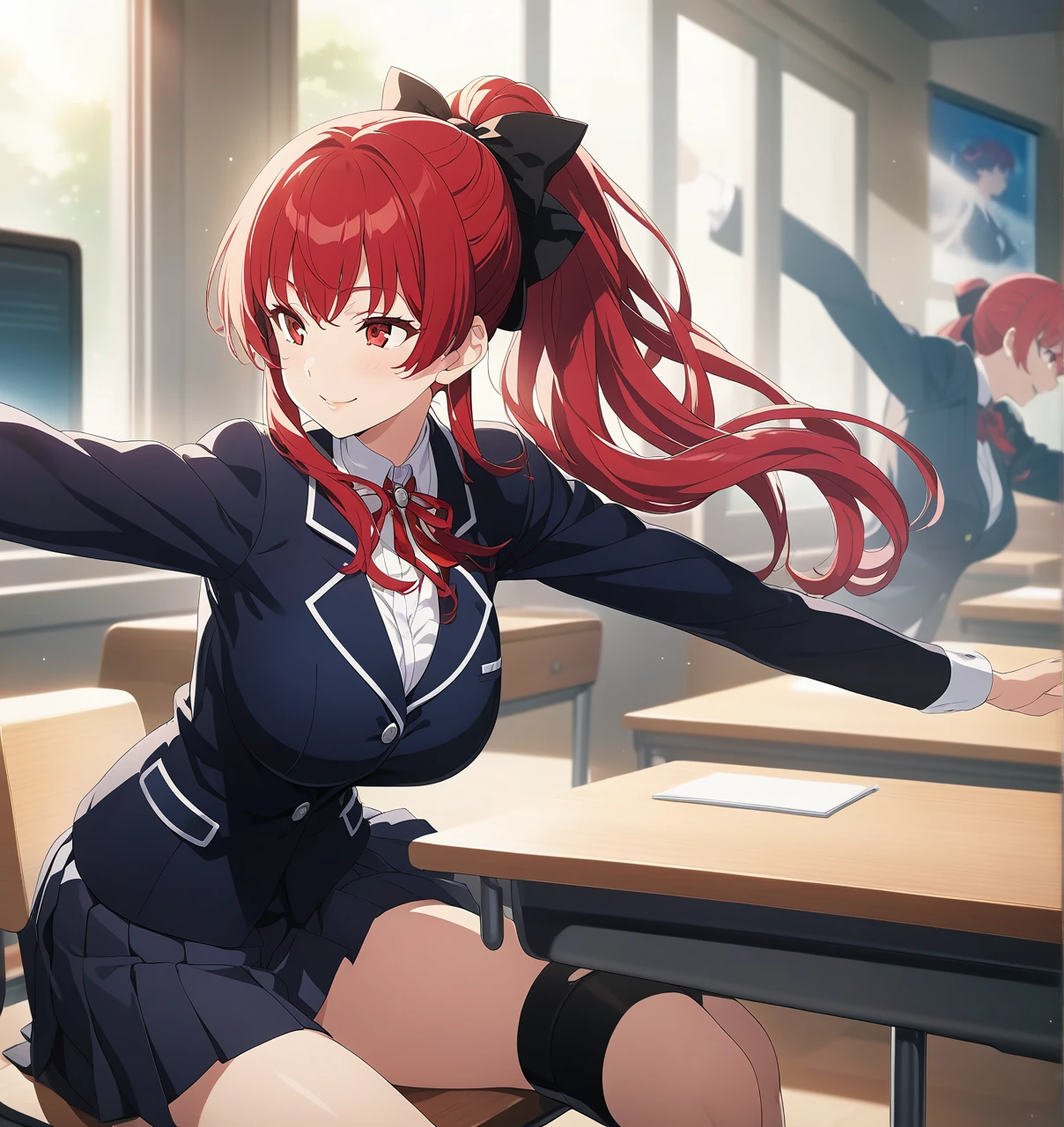 Dakasumi, Red Hair, Long Hair,  ponytail, red eyes,  hair bow, Uniforms of Shujin Academy,  school uniform , blazer,  pleated skirt,  1 girl, ,  depth of field ,  like a movie, Game CG,  anime screen capture, Official Art, masterpiece, Best Quality　smile　Big Breasts　Busty　超Big Breasts　Ballet　 sitting at a desk 
