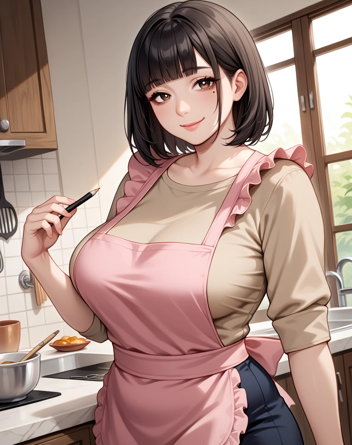 core_9,score_8_up,score_7_up,),score_9,score_8_up,score_7_up, {{artist: floox}} {{flat color, 2d, upper body, dutch angle, source_anime, indoors, kitchen, counter, leaning against counter, colorful, vibrant, looking at viewer, solo}} mature female, asian, Japanese, fair skin, plump, large breasts, mole under right eye, mature eyes, housewife, bags under eyes, black hair, brown eyes, medium hair, blunt bangs, sidelocks, beige shirt, pencil skirt, pink apron, frilly apron, gentle smile.
