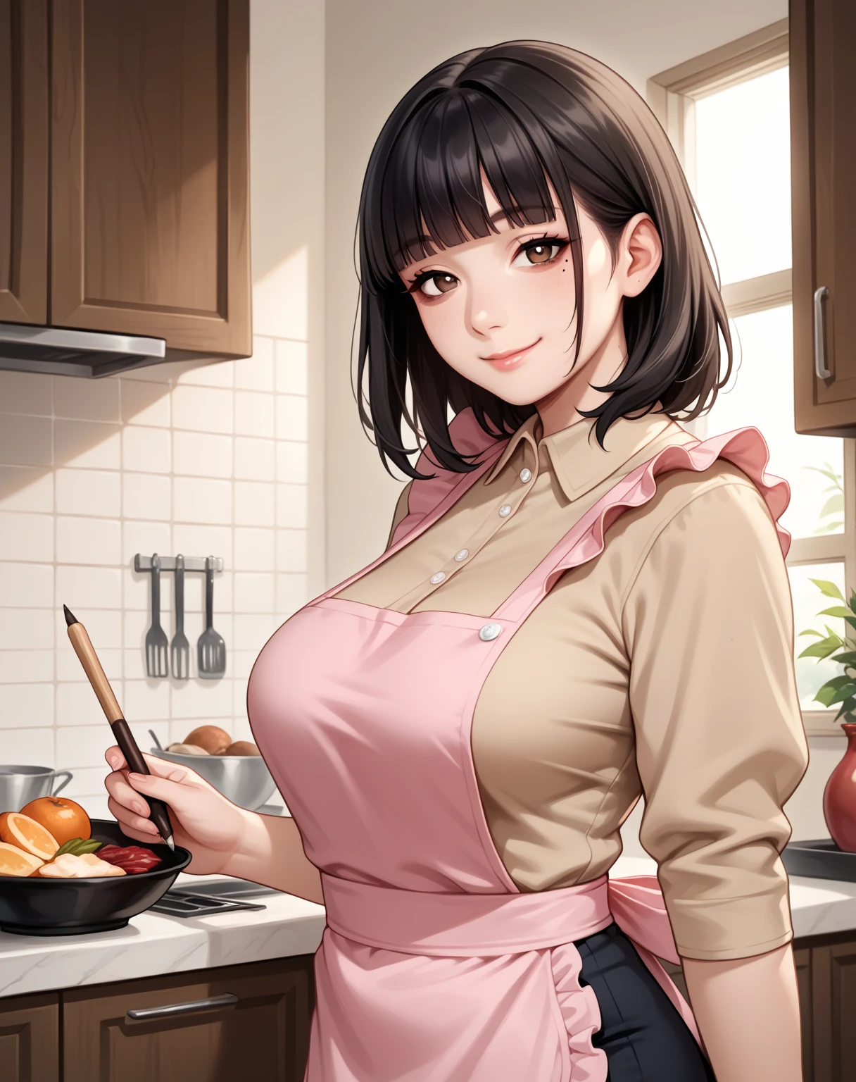 core_9,score_8_up,score_7_up,),score_9,score_8_up,score_7_up, {{artist: floox}} {{flat color, upper body, dutch angle, source_anime, indoors, kitchen, counter, leaning against counter, colorful, vibrant, looking at viewer, solo}} mature female, asian, Japanese, fair skin, plump, large breasts, mole under right eye, mature eyes, housewife, bags under eyes, black hair, brown eyes, medium hair, blunt bangs, sidelocks, beige shirt, pencil skirt, pink apron, frilly apron, gentle smile.
