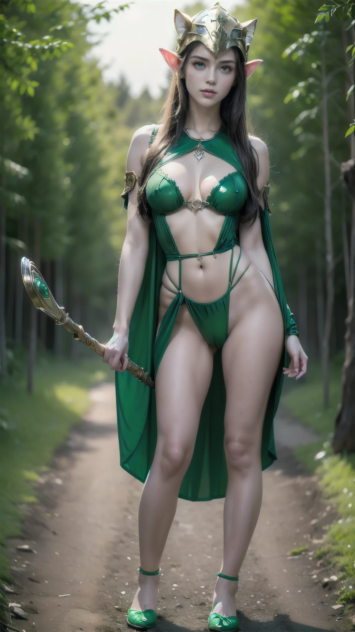  A young elven girl with European features ,  riding a feline animal , beautiful and charming face,  having a jade green skin tone pigmented texture  , (  detailed masterpiece of perfect full body ), (  brown skin tone texture masterpiece  ), (tomboy hairstyles), (  having short wavy hair crystallized with an illuminating jade green gemstone  ), (  has elven tattoos  ),((  wearing an elvish design helmet )), (Serious, with exposed teeth showing open mouth)(  perfect detailed full   ), ( detailed super accessories ), (fighting pose), ( perfectly detailed bright green and crystalline eyes ),( using hair accessories crystallized with illuminating gemstones ), (( exposes large  , hard and  ))((  exposed panties,  with her   exposed and panties showing ))(( wide  showing  line ))((  wearing transparent and illuminating elf costume  )), ((  holding a treasure bow  )), ((  illuminating different lights covering the surrounding forest atmosphere with rivers and the appearing moon))  lots of flora and rarity ,  on her back wearing an elven cape with detailed design ,  has an angry face ,  7 different perspectives of the same girl  &  character style face profile sheet  , body proportions, (Chapped lips:1.4), (blush de nariz:1.2), foreshortening, black cuts, (eye contact), High contrast, ultra high resolution, high resolution, detailed, Clean face,  (  face :1.5), (big purple eyes:1.2), ( ultra detailed eyes :1.4), ( High-resolution eyes :1.1), ( ultra detailed skin texture:1.4), PERSEPHONE, Persephone, Persephone, (SFW:1.5),  (full body:1.8), (upper body up:0.3), (hyper realistic:1.4), (realistic:1.3), (best quality real texture skin), Detailed eyes, detailed face,  
