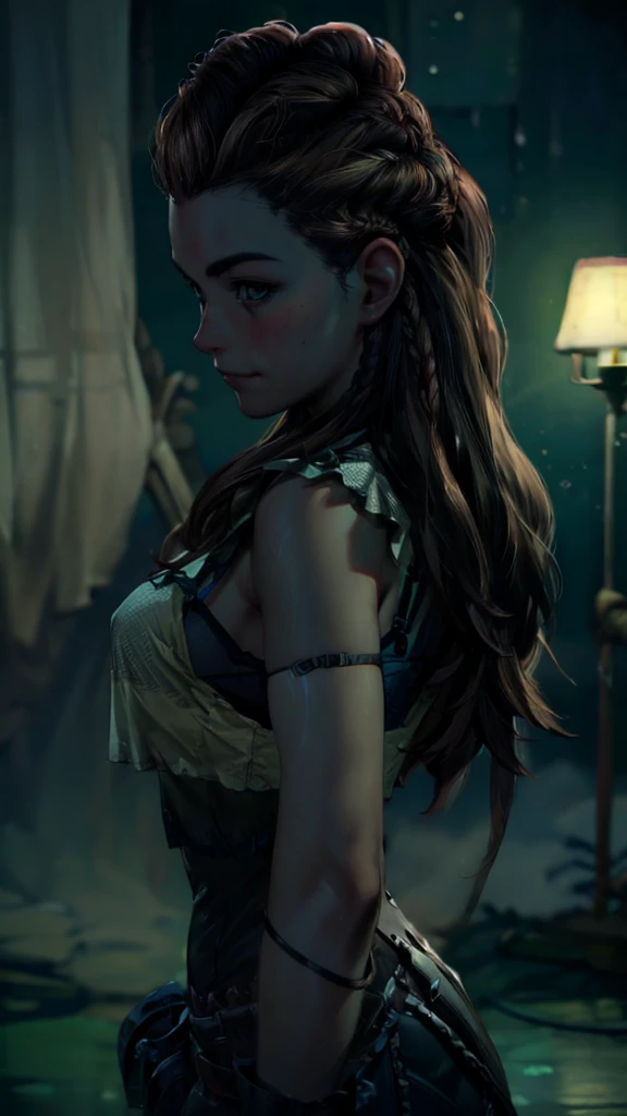 Masterpiece, best quality, high resolution, ultra detailed, slight smile, Frontal view, ((red lingerie,)), night, warm interior room, image illuminated by a small lamp, depth of field, (half body: 0.6), aloy