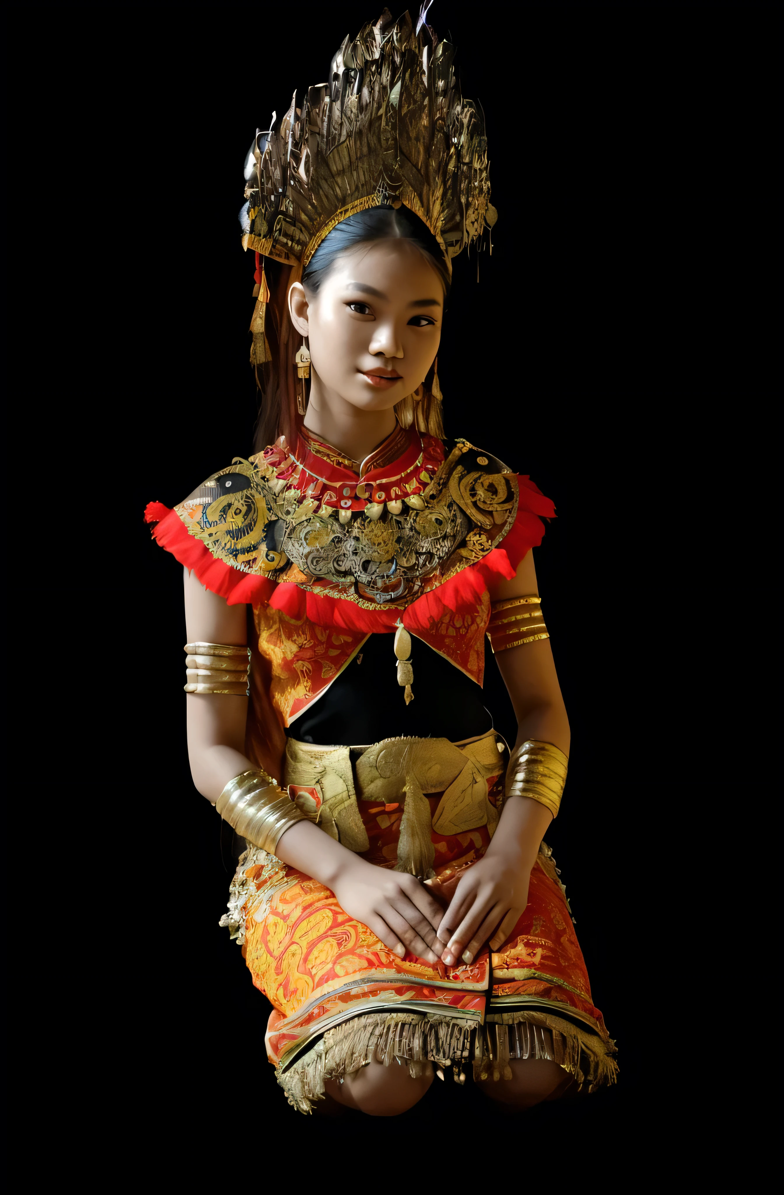 arafed young malay woman in a colorful dress and headdress posing for a picture, malay looking face, 20 years old, pale skin, sukhothai costume, wearing an elegant tribal outfit, traditional dress, wearing authentic attire, traditional costume, traditional beauty, wearing an ornate outfit, traditional clothing, traditional tai costume, wearing ornate clothing, traditional clothes, wearing tribal armor, tribal clothing, wearing traditional garb, tai costume