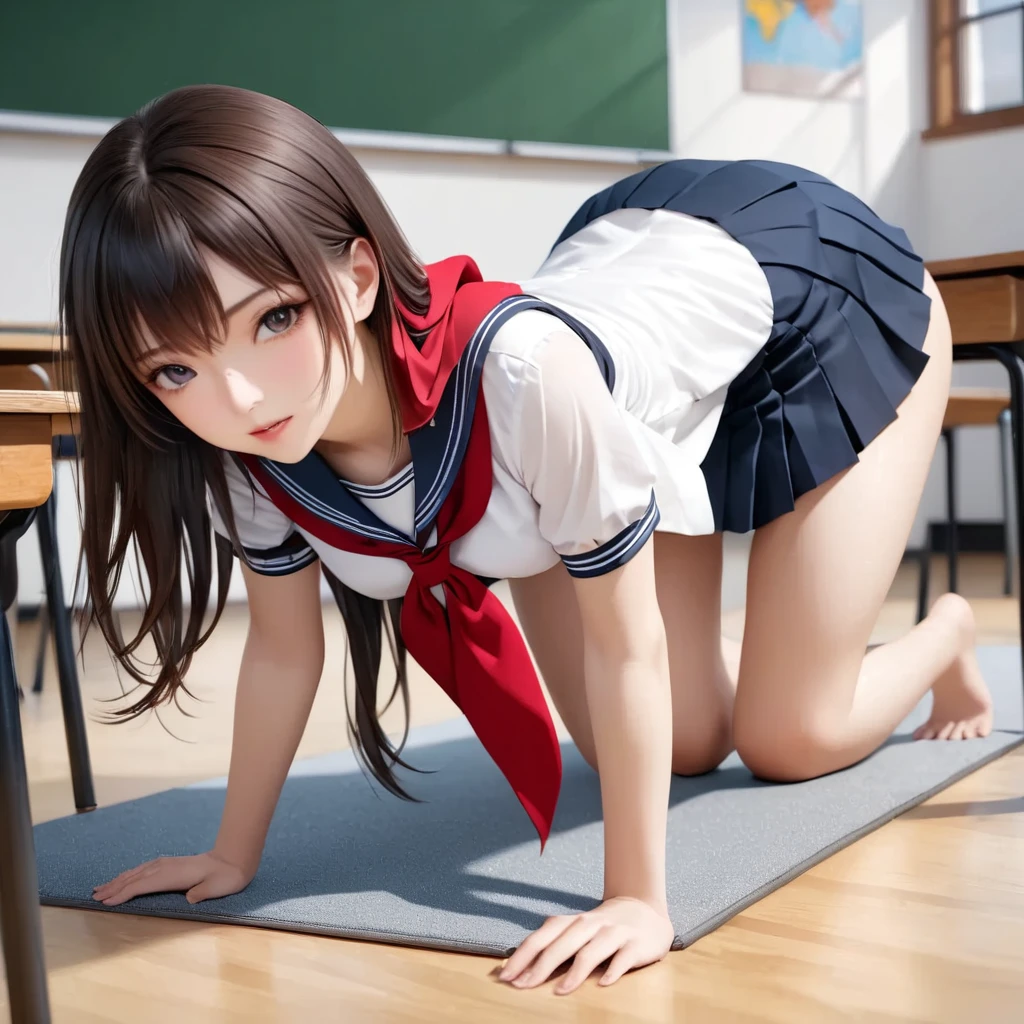 masterpiece, best quality, 8k, highres, ultra-detailed, (realistic:1.37), (photorealistic:1.37), HDR, UHD, studio lighting, sharp focus, physically-based rendering, extreme detail description, professional, BREAK, best quality, Japanese Gal,1girl,full body, large breasts,See-through bang , gradation color,straight hair,lookat viewer, wearing school sailor, red scarf, on all fours,doggystyle,rear view, high school,class room
