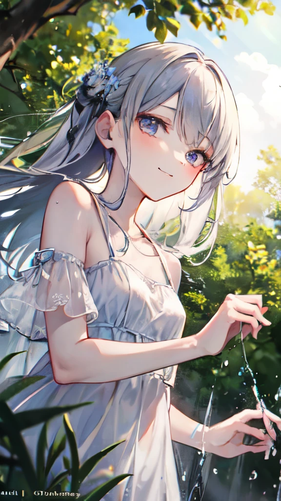 (masterpiece, Best Quality:1.4), 8k, Official Art,  RAW Photos, Absurd, From below,  girl,  Evil Smiles ,  upper body,  at dawn, White summer dress, Wet,  see-through , Stone Bridge, Ruins, null, forest, stream, Detailed Shadows,   light leak , perspective,  depth of field ,  sharp concentration,  high definition, Super detailed, Detailed ,  extremely detailed, ( detailed eyes and faces that resist tentacles, Sharp pupils, Realistic pupil:0.6)