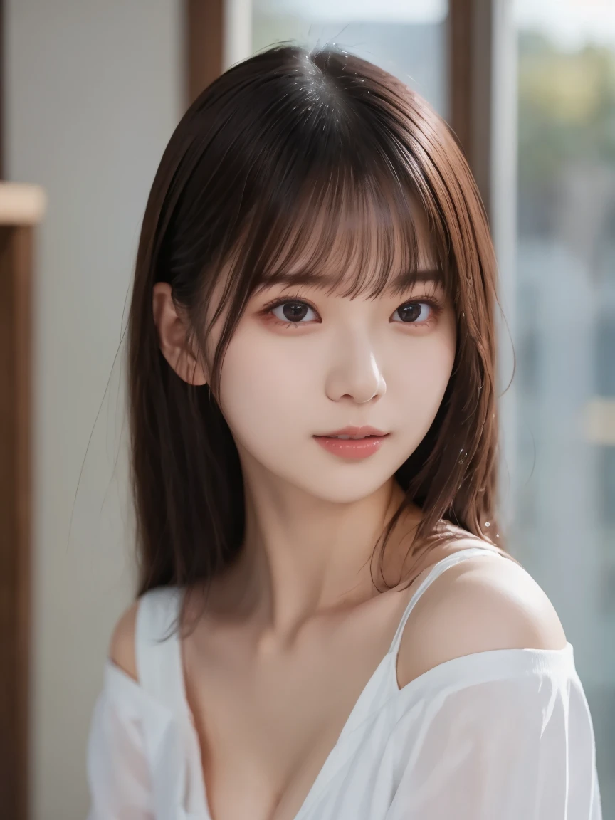  white shirt 、Complex and beautiful eyes、woman、 womanらしい黒髪、(Delicate and realistic hair、１Realistic hair)、bangs、 naturally colored lips、smile、((White indoor))、indoor、((18歳woman:1.2))、 young and adorable Japanese face, Official Art，High-definition CG Unity 8k Wallpaper，（masterpiece:1.0),(Best Quality:1.0), 超 high definition,4K, very detailed, photo shoot, 8k, nffsw,  high definition,  Kodak portrait 400 ,  film grain ,  lens flare glow ,高いest quality,8k,nffsw:1.2),  Portrait Shot ,8k、 viewer, (((Front View))), (((Front View))), ((facing))、 body facing forward、Bold cleavage、 tight chest、 small face, ((Bare legs))、Best Quality、 Super beautiful images、 upper body、stand up