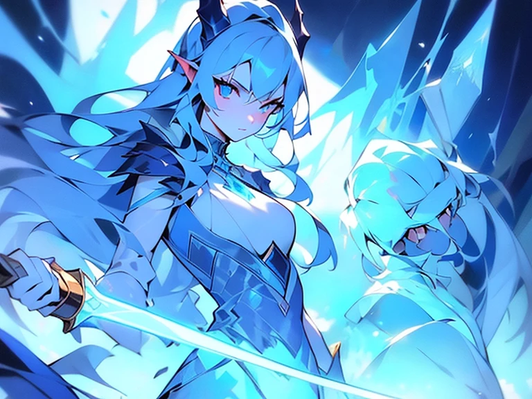 {{masterpiece, ultra-high quality, ultra detailed}},a close up of a person holding a sword and a sword, ice mage, ice sorceress, a sorceress casting a ice ball, queen of ice and storm, ice spell, crystal maiden, blue tiefling, painted in the style arcane,
