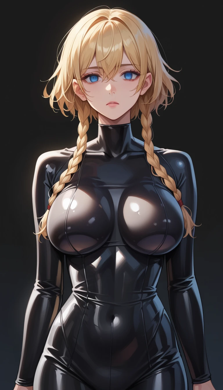  score_9,  score_8_up,  score_7_up,  score_6_up,  score_5_up,  score_4_up, BREAK Source_Anime, leina vance, blonde hair, braid, blue eyes, short hair with long locks,, (Red Eyes), Huge breasts,((empty eyes)),expressionless, (stand up), (((Black latex rubber suit))),  black background ,  simple background,