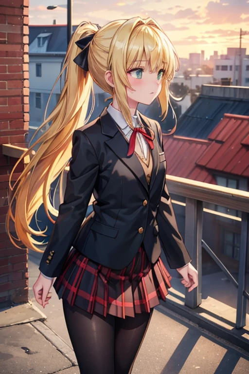  1girl, {{hdr}}, {{{masterpiece}}}, 4k, beautiful anime , {high resolution illustration}, {finely detailed beautiful eyes and detailed face}, (very detailed CG Unity 8k wallpaper), best quality, cinematic lighting, (photorealistic), Detailed, Ultra-Detailed, Digital Art, beautiful face, student, (bloom), {dynamic angle}, detailed background, The girl has ponytail blonde hair and green eyes, formal school uniform, {red neck ribbon}, {red plaid skirt}, {black blazer}, {black pantyhose}, small in stature, a girl looking far from the roof of a school, side, profile 