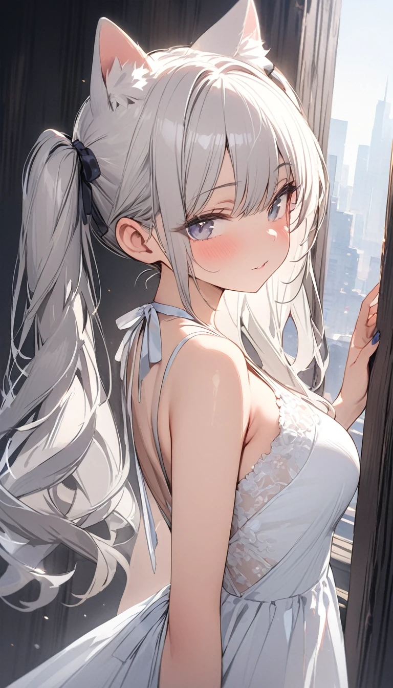 （Enrich the picture，Masterpiece level quality）Beautiful 8K CG artwork,1girl,(((solo))),morgan le fay (fate), blue eyes, Long Hair, pony tail,Very long hair, big boob, black bow, looking at viewer, gown, Hair Bow, thights,black dress, Bangs, side locks, French braid, grey hair,Goddess-like posture,Kneeling exercise,Slim and soft,Translucent skin,big breasts,