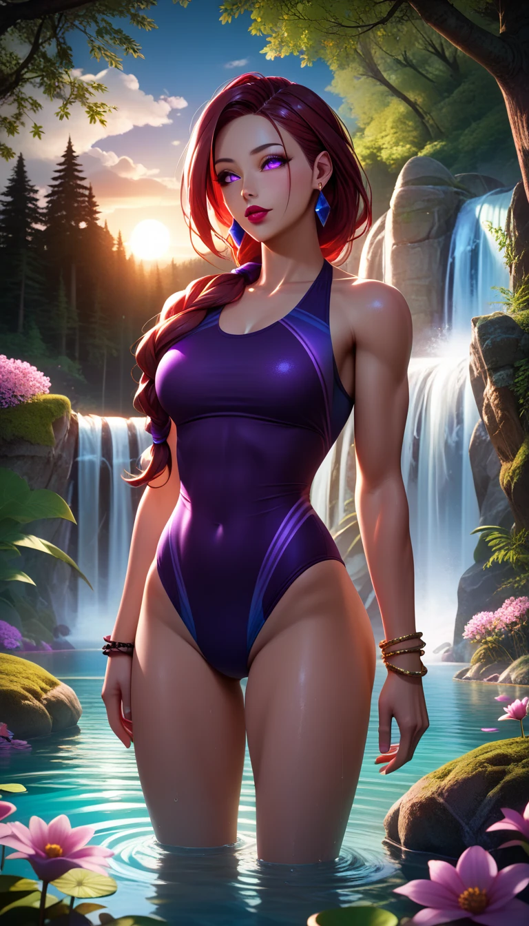 ((solo, 1woman, (TakashiroHiroko, dark purple eyes, red hair, long hair), lipstick, Extremely detailed, ambient soft lighting, 4k, perfect eyes, a perfect face, perfect lighting, a 1girl)), ((solo, (1woman, lipstick), Extremely detailed, ambient soft lighting, 4k, perfect eyes, a perfect face, perfect lighting, a 1girl)), , ((fitness,, shapely body, athletic body, toned body)), ((purple swimsuit, (purple low-cut swimsuit), jewelry, jade earrings, bracelets, waterfalls, lakes, rocks, forests, trees, flowers, horizon, clouds, sun, water))