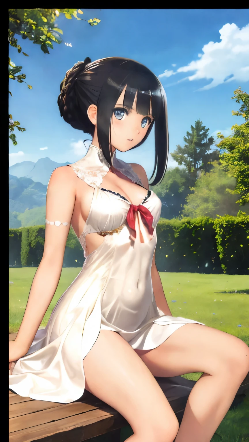 4K,Best Quality,  very detailed,masterpiece,Anime,  ultra high resolution,If you look closely, , The best illustrations,  one very condensed girl being touched over there, （ Very Delicate and Lovely Face ）,Small breasts, Black Hair ，（（  I have chignon hair ））,（（ elegant pure white ruffle dress））,（The fabric is thin）,,,（Above-the-knee skirt）,,,My age is,(royal palace)，（Beautiful gardens）,（stand）
