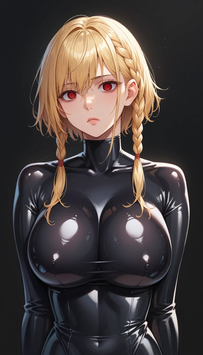  score_9,  score_8_up,  score_7_up,  score_6_up,  score_5_up,  score_4_up, BREAK Source_Anime, leina vance, blonde hair, braid, short hair with long locks,, (Red Eyes), Huge breasts,((empty eyes)),expressionless, (stand up), (((Black latex rubber suit))),  black background ,  simple background,