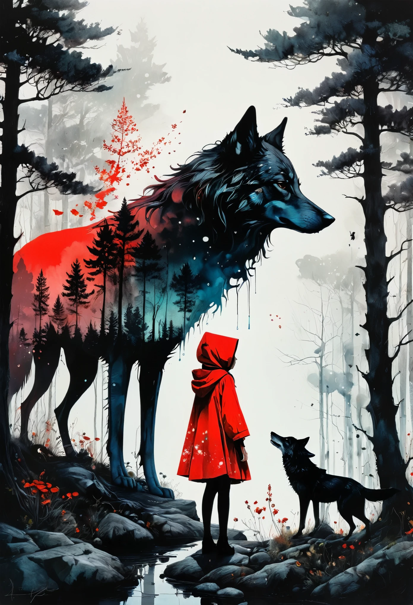 (Double exposure:1.3) effect of Little Red Riding Hood and the Wolf silhouette, superimposed against dark forest sky by Conrad Roset, Brandon well, Andreas Lie, Dan Mountford, Agnes Cecile, Jeremy Mann, oil and ink canvas, fine art, super dramatic light, photoillustration, amazing depth, hyperdetailed, iridescent red, redundant dreams, intricate detailed, amazing depth, stunning atmosphere, mesmerizing whimsical vibrant scenery, maximalism (Beautiful Outside, Ugly Inside, Stress and Pain, Beauty and Despair, Hard and Soft, Positive and Negative, Hot and Cold, Sweet and Sour, Vibrant and Dull, Perfect Harmony, Light and Dark, Hot and Cold, Old and Young, Fire and Ice, Yin and Yang, Opposites, Black and white, Hot and Cold, Organic and Mechanical, Corresponding colors, Loud and Quiet, Chaos and Peace, Night and Day:1.2) complex masterwork by head of prompt engineering