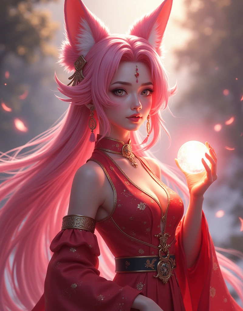 [Vision:1.0]，[Wide Angle:1.0]，Three-dimensional ancient style，Vivid Chinese Aesthetics， League of Legends Ahri，whole body照，Perfect hands ， long pink hair， Nine fox tails on the coccyx，Pink fox ears，Red warrior outfit， Energy ball in hand，wallpaper， Game battlefield background， Sexy oriental face，Game Screen， Beautiful facial features，(whole body:1.4)， bright colors ，Sparkling Clothing，Use flash stone pattern， Shoes made of translucent crystal， Colorful gradient fluorescent ribbon， exquisite，Light Wave，Tradition， exquisite，Perfect composition， Ultra HD，Crescent Earrings，Raise eyebrows，Baoyu Fengzhi，Forehead Gem，(Look directly at the audience:15)，((((Facing the audience))))，Heavenly Goddess，Astral，dream，Beautiful celestial spirit，Beautiful fantasy paintings，Beautiful fantasy art，Ethereal fantasy， Very beautiful fantasy art，Digital Art Fantasy， Enchanting and otherworldly，Fantasy Beauty，Volumetric Light，Natural soft light，(Ultra-fine:1.2，Bright colors， movie lighting， Light and Dark Contrast， ray tracing， Surrealism ，UHD，masterpiece，precise， Anatomically correct ，Textured Skin， superdetail，8k)