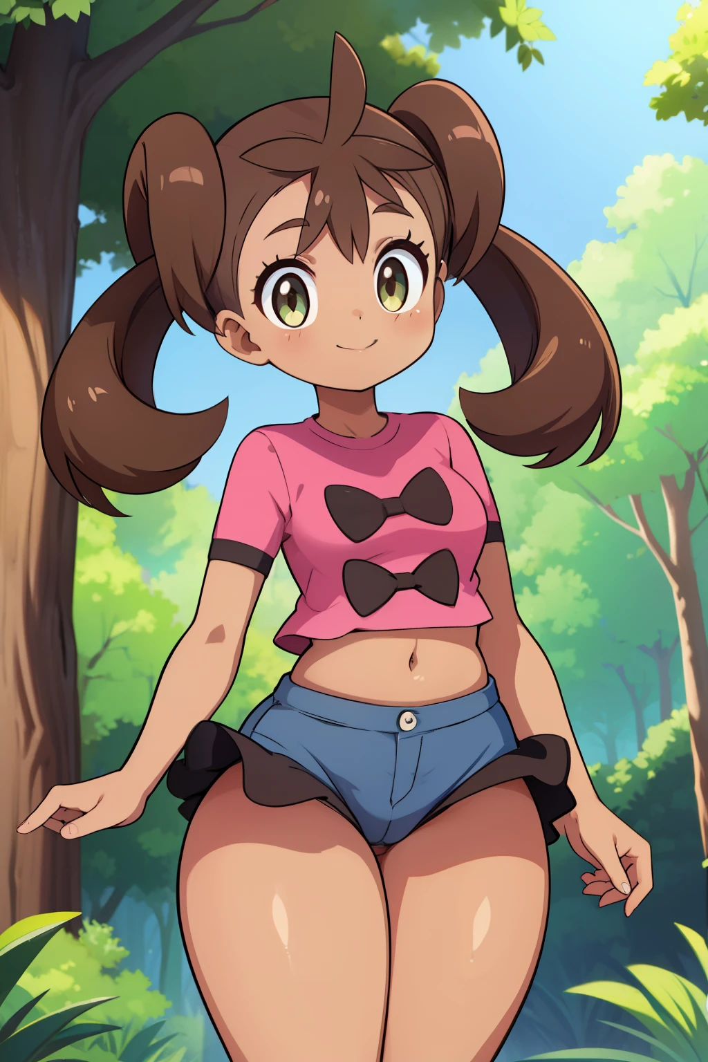 shauna, twintails, brown hair, brown skin, pink shirt, short shorts, (wide hips:1.5), thick thighs, scrunchie, bow, smile, forest,