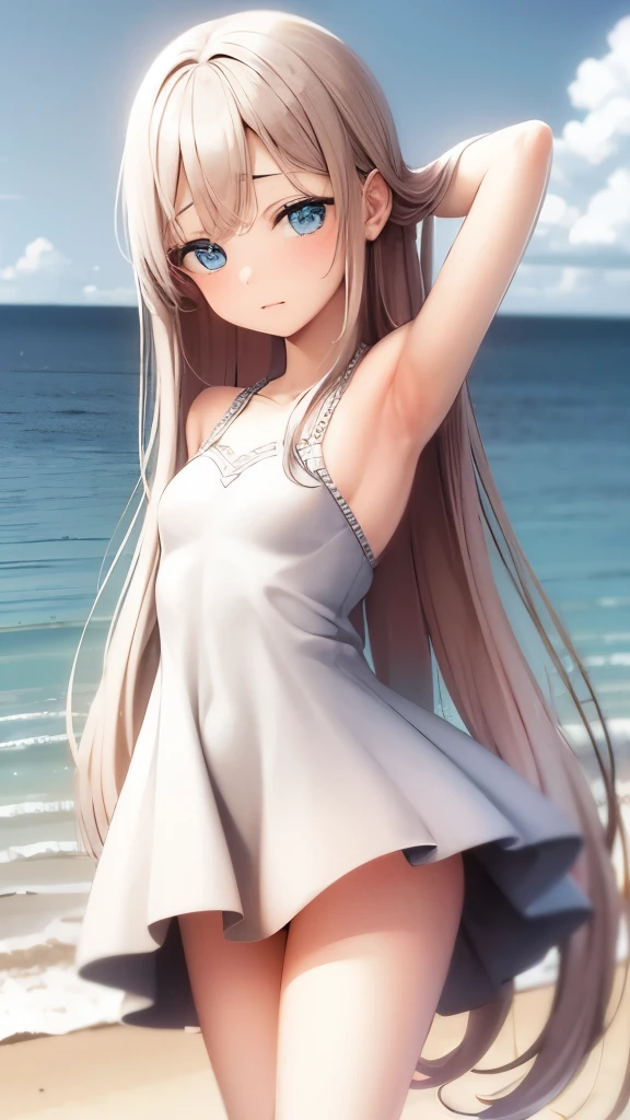 MASTERPIECE」 , Best Quality , Details , dress , standing , raise your hands , side , from the front and , Beach, shiny platinum blonde silk super long straight hair, beautiful shiny bangs , Big, clear, sky-blue eyes, very beautiful bright eye highlights , embarrassing, blanking