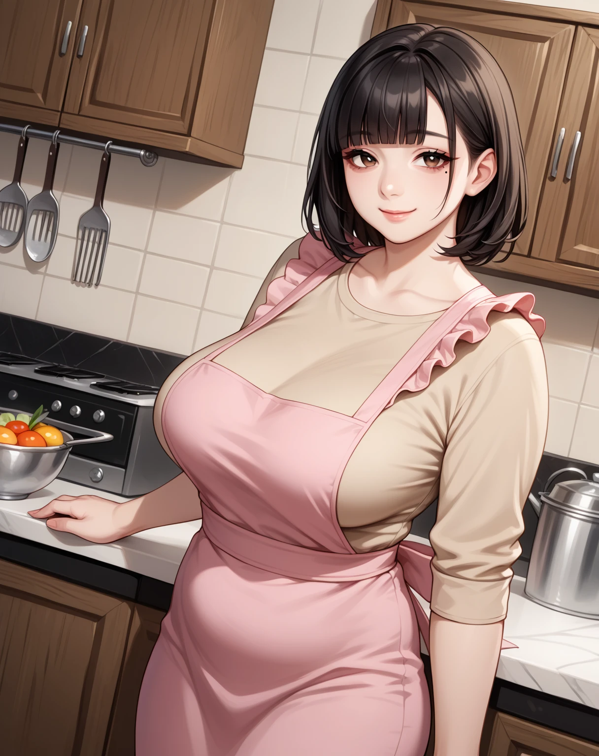 core_9,score_8_up,score_7_up,),score_9,score_8_up,score_7_up, {{artist: floox}} {{flat color, 2d, upper body, dutch angle, source_anime, indoors, kitchen, counter, leaning against counter, colorful, vibrant, looking at viewer, solo}} mature female, asian, Japanese, fair skin, plump, large breasts, mole under right eye, mature eyes, housewife, bags under eyes, black hair, brown eyes, medium hair, blunt bangs, sidelocks, beige shirt, pencil skirt, pink apron, frilly apron, gentle smile.
