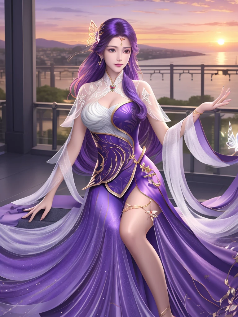 Reality（1.4），detail， sunset，  Woman sitting on the stairs outside the library，WMSJ Yunxi   ,  1 female, skirt, alone,  butterfly hair accessories , long hair,   purple hair  , jewelry,    Watching the audience  , earrings, shawl, [Shut up,前額jewelry, Feather coat,   Mature Women  , ， 